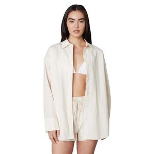 NIA Button-Up Shirt & Shorts Women's Size L Beige Cotton Collared Long Sleeves